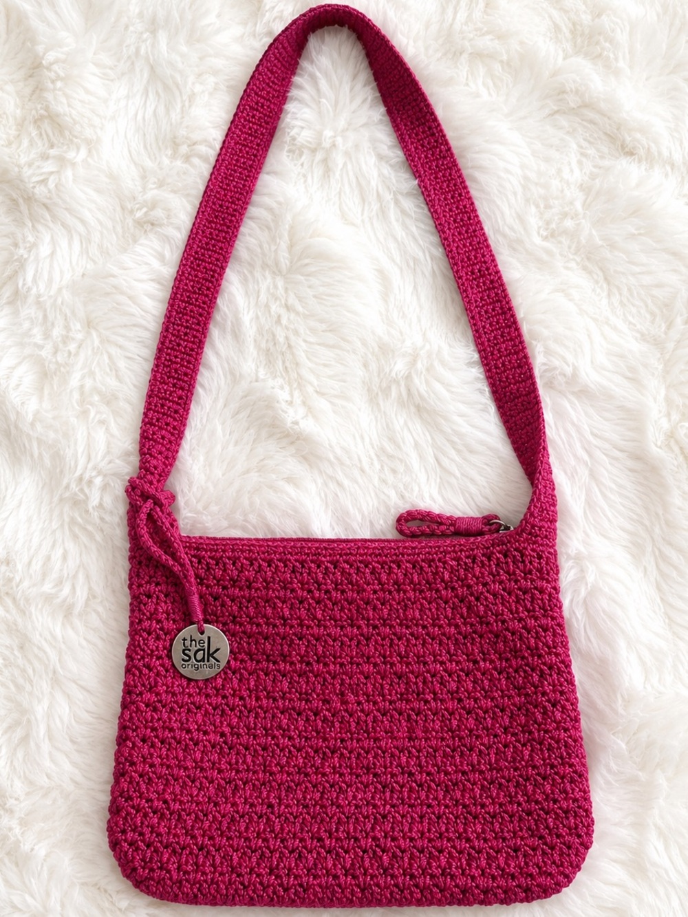 The Sak Originals Pink Crochet Crossbody Bag Boho Knit Shoulder Purse Medium